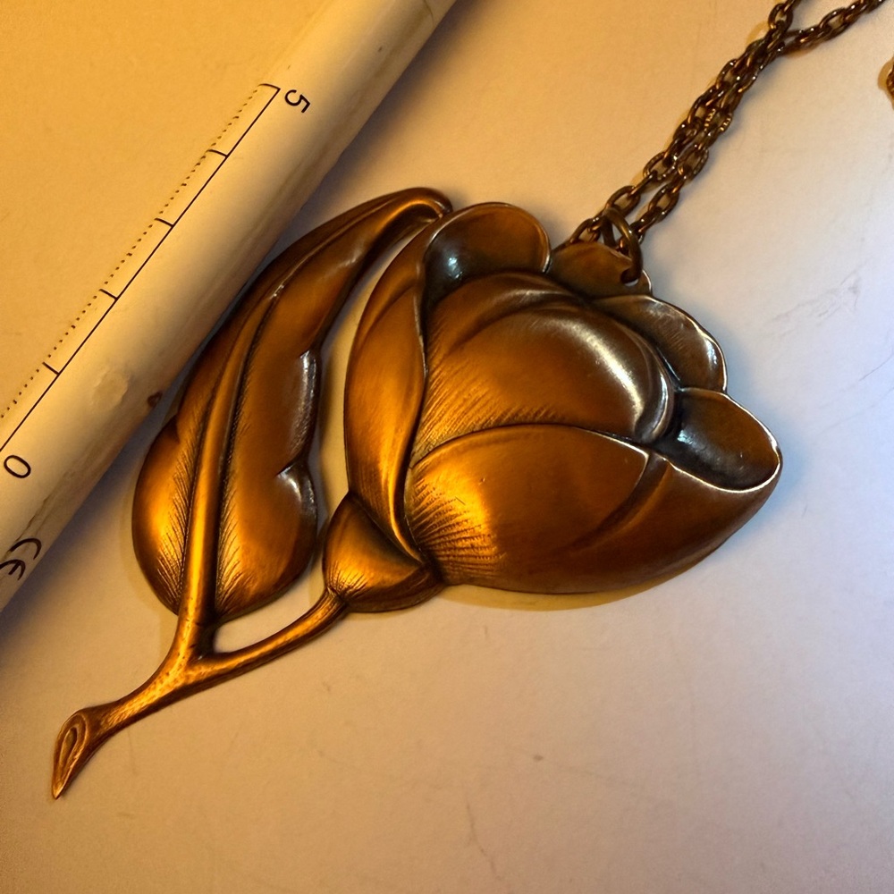 Antique Solid Copper Floral Pendant Necklace